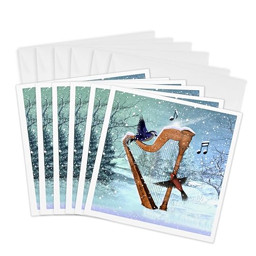 Greeting Cards - Bluebird And Hummingbird With A Harp In The Snow And Musical N…