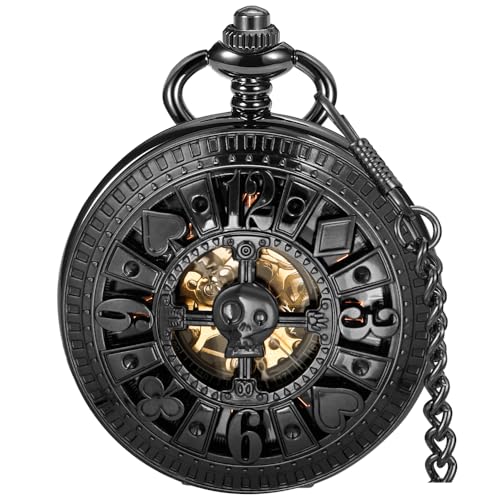 Alwesam Men's Mechanical Holoow Design Hand Wind Pocket Watch Roman Numerals Steampunk with Chain Box