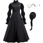 GRIVOS Wicked Witch Women Costume Halloween Black Gothic Dress Vintage Style Role Cosplay Outfit with Wigs Glasses