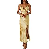 2025 Satin Cut Out Maxi Summer Dresses for Women Silk Spaghetti Strap V-Neck Backless Tie Back Wedding Guest Midi Dress
