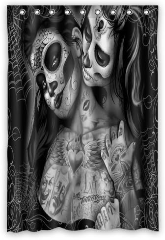 Custom Print Design Black and White Art Sugar Skull Flower Shower Curtain Decoration Mildew Waterproof Polyester Fabric Bathroom Shower Curtain 48" x 72" Inch