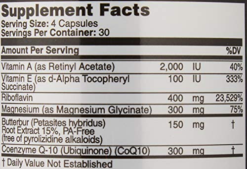 MIGRAINE RELIEF, QUAD-FORMULA WITH PA-FREE BUTTERBUR (150MG), COQ10 (300MG), MAGNESIUM GLYCINATE (300MG), HIGH-DOSE RIBOFLAVIN (400MG) – MIGRA ZERO (120 CAPS) OPTIMAL DOSING FOR MIGRAINE SUFFERERS