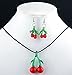 skyllc® Jewelry Set Necklace Earrings with Red + Green Fruit Cherry Shaped Azure Stone Crystal Glaze Pendant