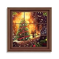 Framed Canvas Wall Art Xmas Window Canvas Prints Home Artwork Decoration for Living Room,Bedroom - 16x16 inches