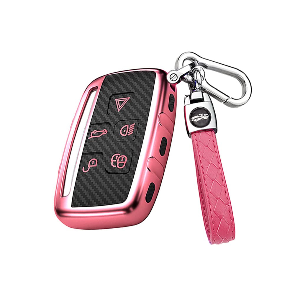 HIBEYO For Range Rover Car Key Case Carbon TPU Case Key Cover for Land Rover Sport Evoque Velar Discovery LR4 Jaguar XF XJ XE F-PACE Keyless 5 Buttons Car Key Cover Pink
