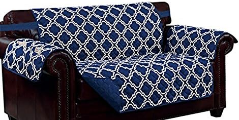 Bed Bath Outlet Macy Reversible Furniture Protector Features Elastic Strap Beautiful Print on One Side / Solid Color on the Other for Two Fresh Looks (LOVESEAT, NAVY/WHITE)