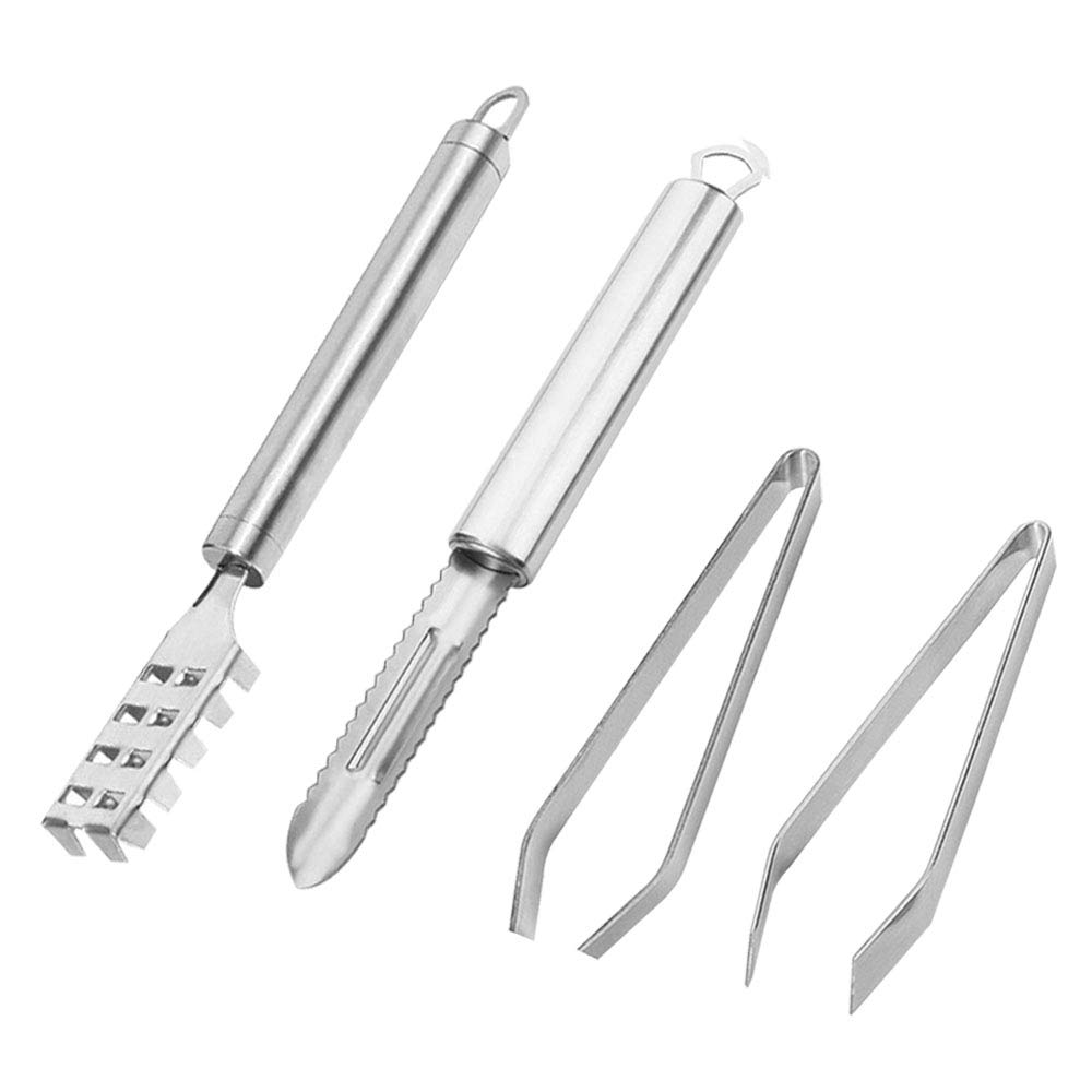Fish Scale Remover, 4 Pieces Stainless Steel Grip Handle Fish Scale Scraper, Fish Bone Tweezers Non Slip Stainless Steel Flat and Slant, Fast Cleaning Fish Skin Steel Brush Cleaner Descaler Fish Tools