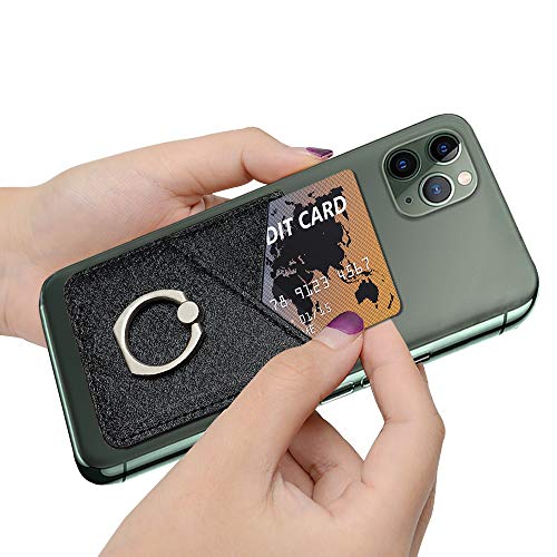 Takyu Card Holder for Back of Phone, Cell Phone Card Holder with Ring Grip Phone Wallet Stick on Phone or Case, RFID Blocking Credit Card Holder Card Pocket Compatible with Most Smartphones (Black)
