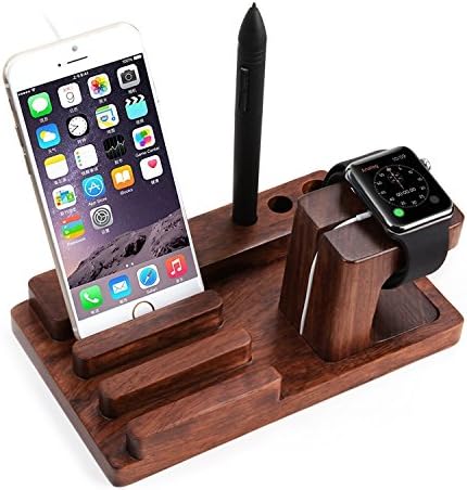 voocase 3-in-1 Bamboo Wood Charge Dock Stand for Apple Watch, Tablet, Smartphones, Pen Holder &amp; Docking Station Cradle Bracket (Rose Wood)