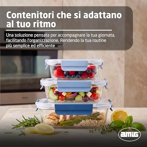 - Set di 3 Contenitori Ermetici in Vetro - 370ml, 640ml, 1050ml - Trasparente - Coperchio in Polipropilene - Adatti per Conservare, Trasportare e Riscaldare Alimenti - Mod. 700