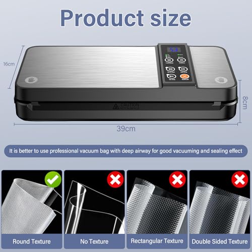8 in 1 Vacuum Food Machine, Professional 80KPA Fast Vacuum and LED Digital Display, Storage Rolls with Cutter for Fresh Dry and Wet Food Bags (Silver)