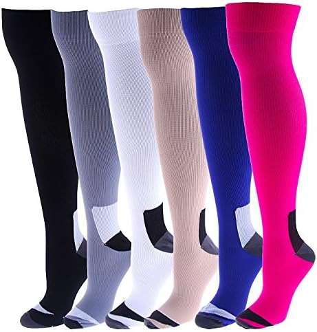 6 Pairs Pack Women Sports, Travelers, Anti-Fatigue, Graduated Compression Knee High Socks 9-11 (Assorted Solid Color)