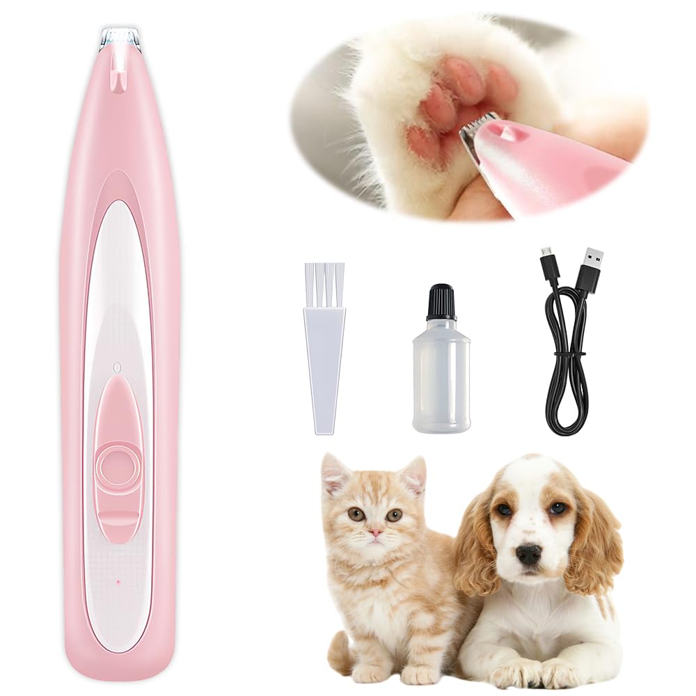 YANGUN Dog & Cat Paw Trimmer - Waterproof Rechargeable, Quiet Clippers for Paws, Eyes & Ears (Pink)