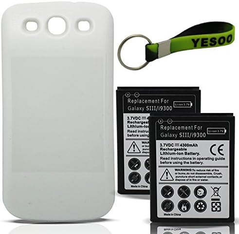 Yesoo 2x 4300mAh Samsung Galaxy S3 Extended Battery, White Cover, Exclusive Black And Green Color Key Chain Kit