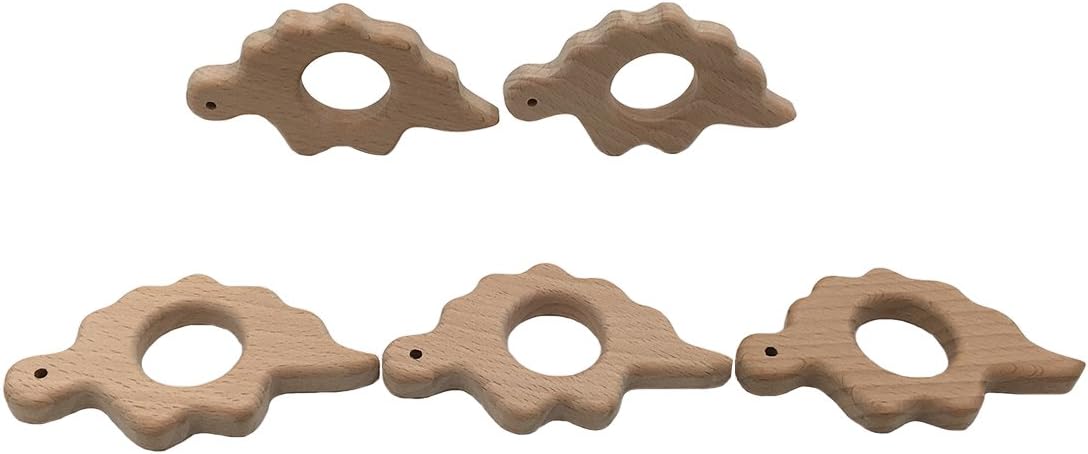 Coskiss 5pcs Wood Teether Stegosaurus Teether Toy Dinosaur Wooden Dino Teether Nursing Necklace Pendant Pacifier Clip Baby Boy Gym Pendant Teething Toy (5pcs)