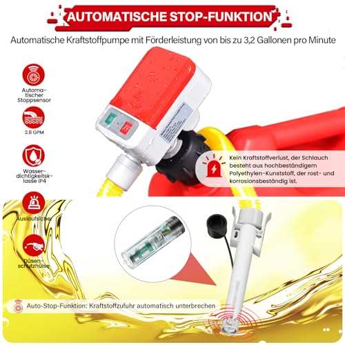 Fuel Transfer Pump with Auto Stop Sensor, Electric Petrol Pump with 4 Size Adapter, Multifunctional Diesel Pump Fuel Pump for Canister Petrol, Oil, Tractor, Generator, Lawn Mower - Red