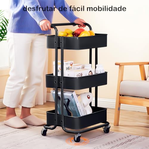Carrinho Organizador Multiuso 3 Andares com Rodinhas — Estante Móvel para Banheiro, Cozinha, Lavanderia e Escritório, Aço Inox com Cestos Removíveis, Preto