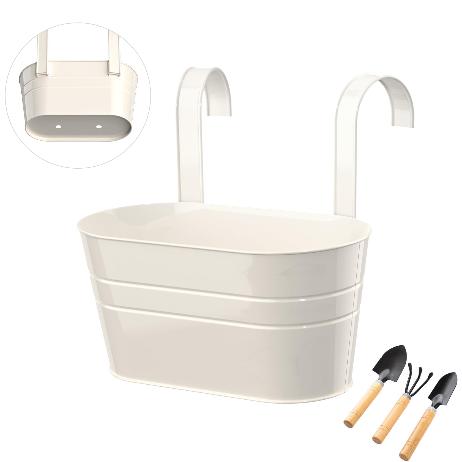 IHONYI Metal Hanging Plant Pots, Double-Hook Balcony Flower Buckets, Plant Holder for Home and Garden Decoration (Hole-White)