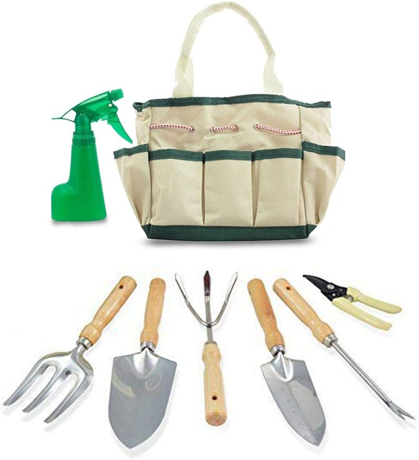 GardenHOME 7 Piece Stainless Steel Garden Tools, Includes 3 Tools, 2 Pruners, 1 Sprayer For Indoor Bonsai, Planters, Small Or Kids Garden, Perfect Christmas Gift