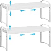 2 Pack Stackable Expandable Shelves For Kitchen Cabinet Countertop Storage, Adjustable Counter Cupboard Pantry Organizer Shelf Rack Stand, Length:25.5 Inch