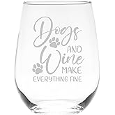 C M Dogs and Wine Make Everything Fine Funny Stemless Wine Glass - Dog Lover Themed Gift for Women and Men - 17 oz. (Style DW2)
