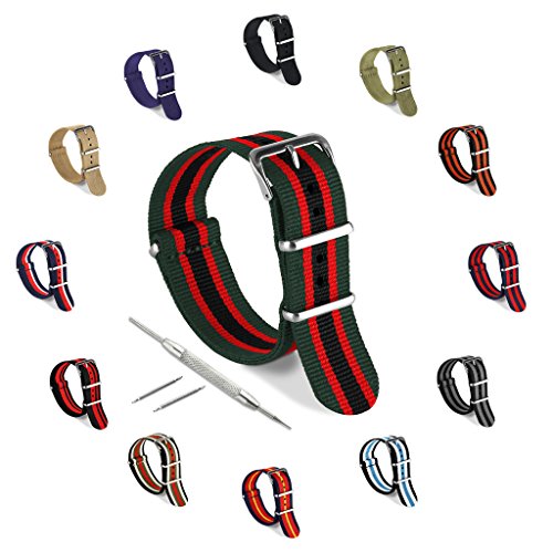 Watch Band, Nylon NATO strap - Ballistic Nylon with Stainless Steel Buckle, For Watches & Fitness Devices, Green-Red-Black, 20mm