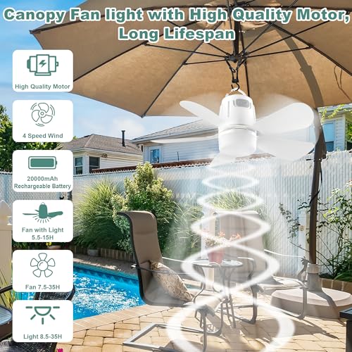 Canopy Fan 50CM, 20000mAh Portable Outdoor Ceiling Fan with Light with Remote Control and Extension Hook, Easy Operation Battery Powered Fan Light for Gazebo, Tent, Patio, Pergola