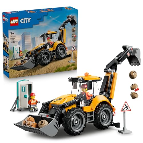 City Cargadora Retroexcavadora Amarilla – Vehículo de Obra de Juguete y 2 Minifiguras – Camión con Cucharón Delantero y Retroexcavador – Regalo de Cumpleaños para Niños de 7+ Años – 60480