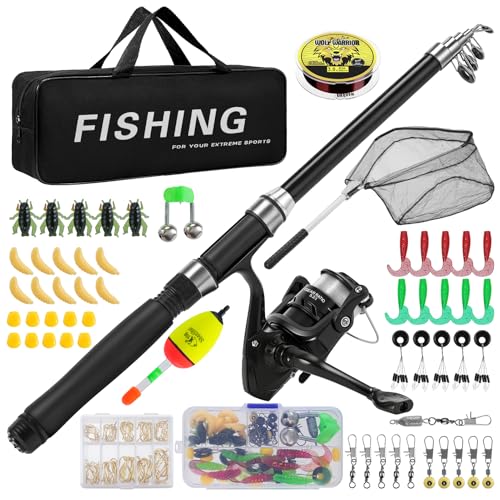 Lomffy Canna da Pesca e Mulinello Combo Set, 1.8M Kit di Esche da Pesca e Borsa con Rete Set Combinato Canna da Pesca Telescopica e Mulinello con Linea Borsa da Trasporto per Acqua Dolce Acqua Salata