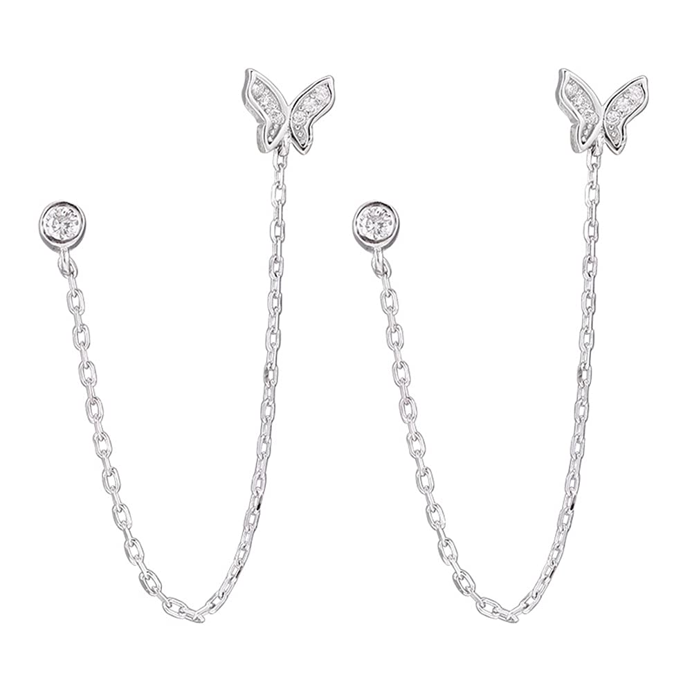 Double Holes Butterfly Halo CZ Small Stud Cuff Wrap Tassel Chain Crawler Climer Dangle Drop Earrings for Women Teen Girls Cartilage S925 Sterling Silver Piercing Animal Jewelry Gifts Daughter Sister