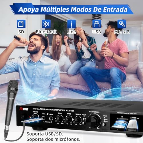 HZERO Amplificador de Audio para Casa de 5 Canales RMS 150W*2 para Altavoces de 5-8 Pulgadas, Amplificador de Altavoz, Bluetooth, Radio MP3/USB/SD/FM Amplificador 5 Canales, Hi-Fi Integrado 110V