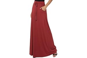 YOLAI Women's Drawstring Solid Color Skirt Casual Maxi Skirt High Waist Ankle Length Skirt with Pocket (Watermelon Red, XL)