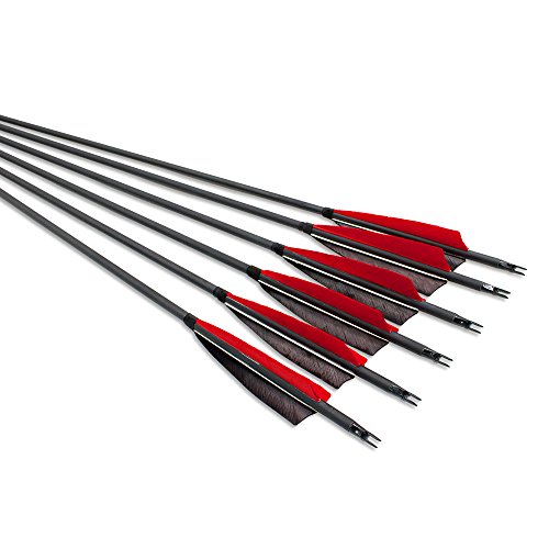 ARCHERY SHARLY 31" Carbon Fiber Arrows Targeting Practice Arrows,5" Black & Red Natural Feather Fletching and Replacement Screw-in Tips for Recurve Traditional Long Bow (6 Pack) - Thumbnail 3