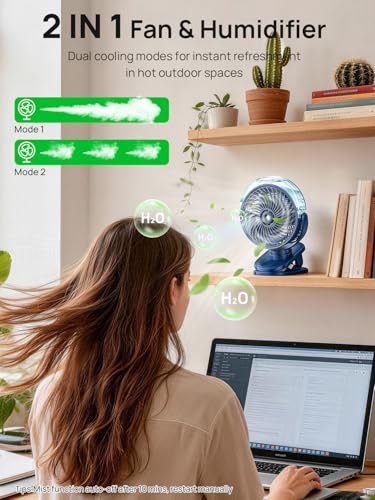 Ventilatore a Clip con Nebbia, 6000mAh USB-C Ricaricabile Mini Ventilatore Personale, 4 Velocità – 360° Girevole, Silenzioso, Luce LED per Passeggino, Carrello da Golf, Campeggio, Ufficio & Viaggio