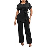 Ekaliy Women's 2 Piece Outfits Short Sleeve Peplum Top Flared Pant Business Suit Set Dressy Pantsuits