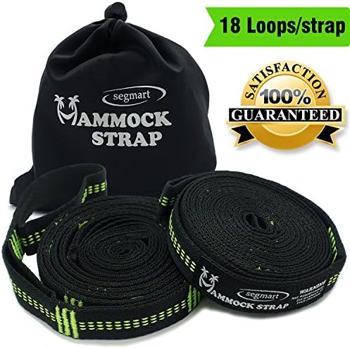SEGMART Heavy Duty Polyester Camping Hammock Straps (Set of 2) - Durable Long Sturdy Hammock Straps for Tree with 18 Adjustable Loops (Black/Green)