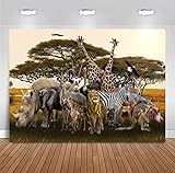 Fanghui 7x5ft Tropical African Forest Jungle Safari Scenic Backdrop Large Banner Realistic Animals Giraffe Antelope Lion Photography Background Supplies Photobooth Props