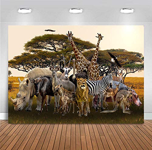 Fanghui 7x5ft Tropical African Forest Jungle Safari Scenic Backdrop Large Banner Realistic Animals Giraffe Antelope Lion Photography Background Supplies Photobooth Props