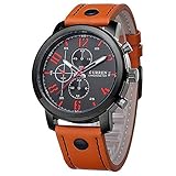 GOHUOS Men's Leather Strap Stainless Steel Sport Analog Quartz Wrist Watch Brown
