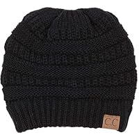 Plum Feathers Soft Stretch Chunky Cable Knit Slouchy Beanie Hat (Black)