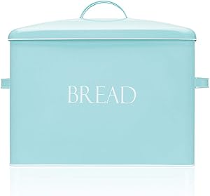Outshine Vintage Metal Bread Bin - Countertop Space-Saving, Extra Large, High Capacity Bread Storage Box for your Kitchen - Holds 2+ Loaves 13" x 10" x 7"- Mint with BREAD Lettering