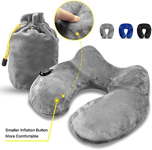 Push-Button Inflatable Travel Pillow TraPal Cervical Neck Support Pillow for Airplanes with Carry Bag, Washable and Soft Micro-Velvet Fabric(Grey)