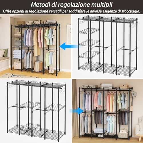 AQRA Metal Coat Stand, Adjustable Shelf Height, Large Capacity Wardrobe, 4 Assembly Methods, for Hanging Clothes, Storage, 193.5W×43.5D×195H (Black)