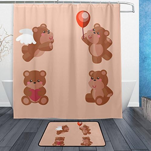 JIUMEI Cute Teddy Bear Baby Decorative Waterproof Polyester Fabric Shower Curtain 66 Inchx72 Inch With Hooks Nonslip Doormat Bath Floor Mat 23.6 Inchx15.7 Inch Bathroom Doormats