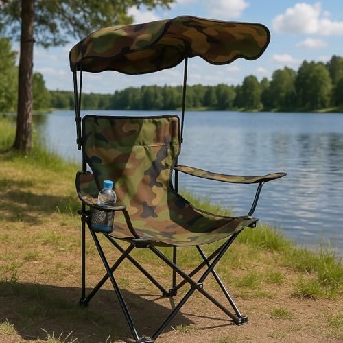- Silla Playa o Camping Plegable | Parasol y Porta Vasos Incorporado | Estructura de Metal y Tela Oxford Resistente | Estampado Camuflaje | Bolsa Transporte | 78x48x130 cm (Pack 1 UD)