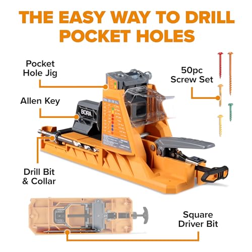 Bora Automatic Pocket Hole Jig with 50 Color-Coated Screws, Auto Adjusting Drill Guide, Pocket Hole Jig Kit for Woodworking - for Materials 1/2 inch to 1 1/2 inch Thick, BR-A170201