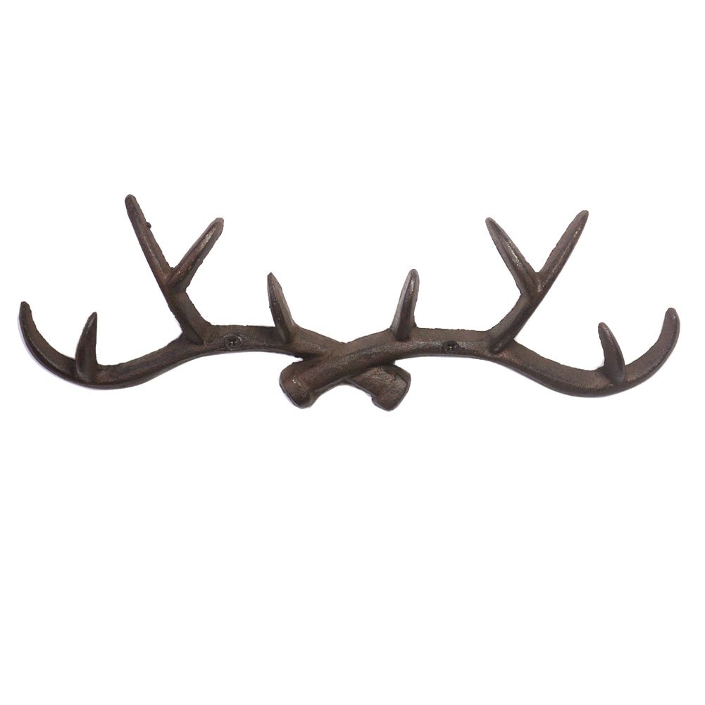 KiaoTime l Vintage 14" Rustic Cast Iron Deer Antlers Wall Mounted Coat Hooks, Shabby Chic Coat Rack, Key Holder, Hat Hanger, Bath Room Wall Hanger (Rusty Brown)