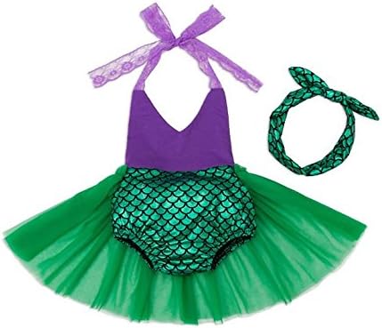 Mornyray Baby Girls Mermaid Princess Bikini Bathing Suit Summer Outfit with Headband,Purple Green,6-12M