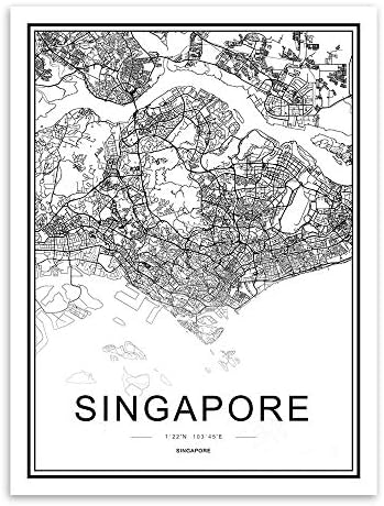 SHBKGYDL Picture Printing On Canvas,Famous World City Singapore Map Modern Poster Nordic Home Wall Art Decoration Painting Livingroom Bedroom Restaurant Porch Walkway