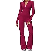 GOYLPNP Women Workout Flare Jumpsuit Zip Up Romper Bottom Fleece Lined Long Sleeve One Piece Tummy Control Yoga Outfits
